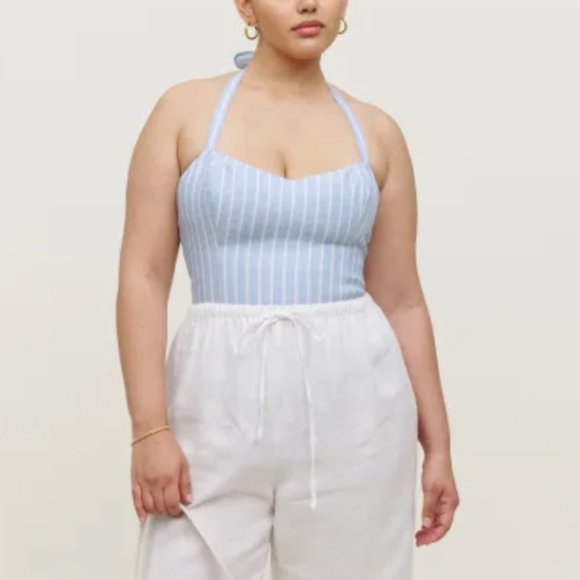 Reformation Jenna Linen Top in Mineral Stripe - Size 2 - Picture 4 of 6